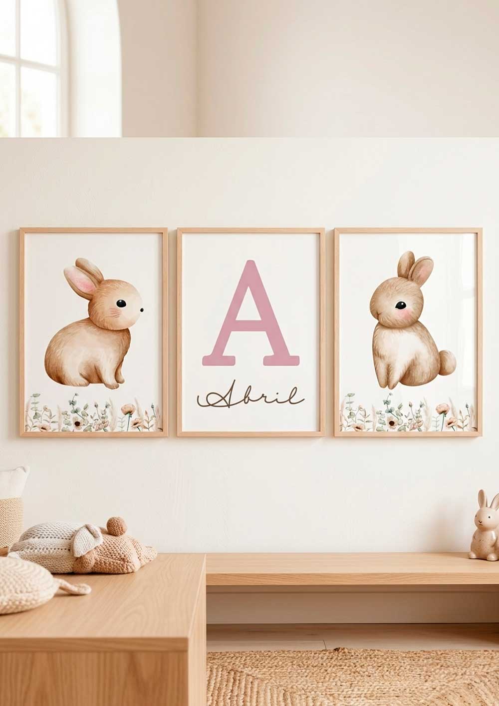 Tríptico de Láminas Infantiles Personalizadas Conejito Floral