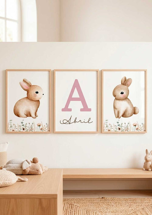 Tríptico de Láminas Infantiles Personalizadas Conejito Floral