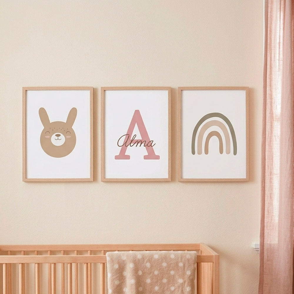 Tríptico de Láminas Infantiles Personalizadas Conejito Arcoiris