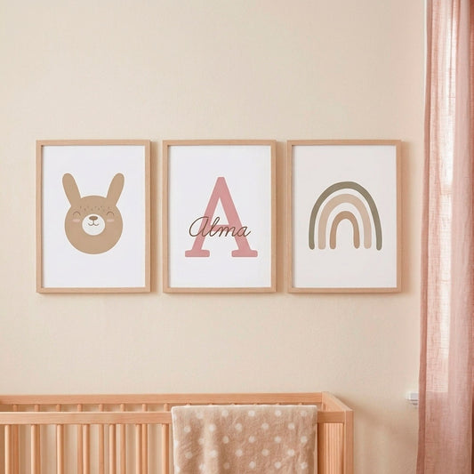 Tríptico de Láminas Infantiles Personalizadas Conejito Arcoiris