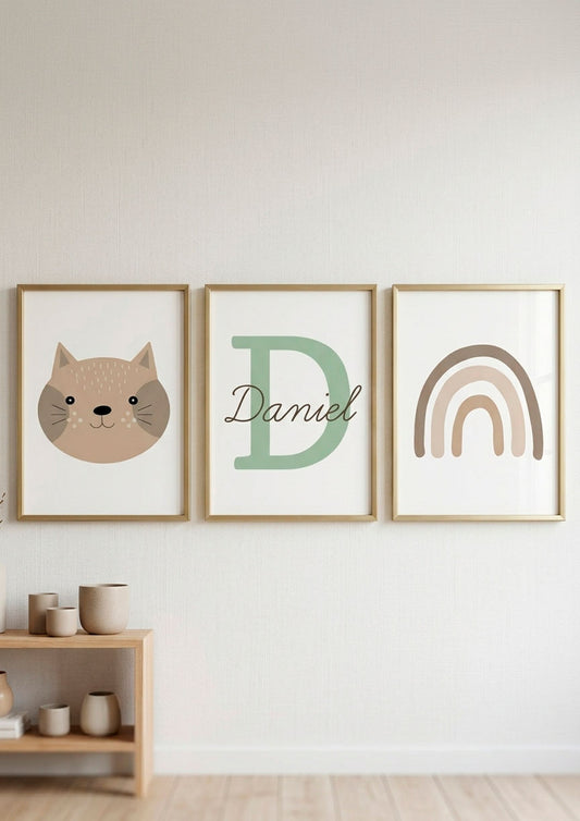 Tríptico de Láminas Infantiles Personalizadas Gato Arcoiris