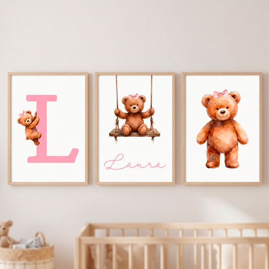 Tríptico de Láminas Infantiles Personalizadas Osa Columpio
