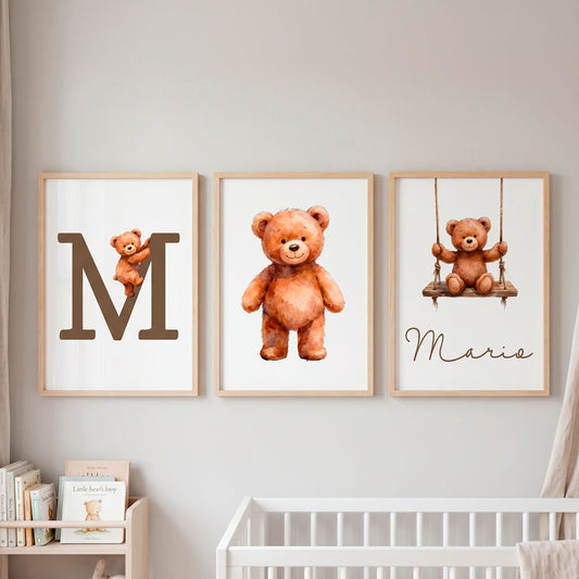 Tríptico de Láminas Infantiles Personalizadas Oso Columpio