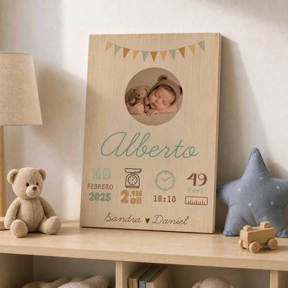 Natalicio de Madera Personalizado con Foto y Datos del Bebé