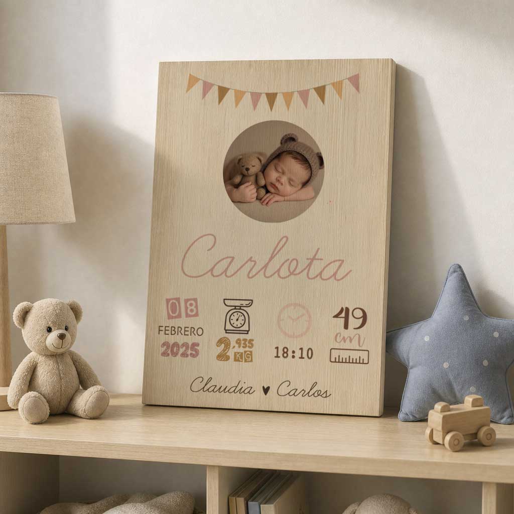 Natalicio de Madera Personalizado con Foto y Datos del Bebé
