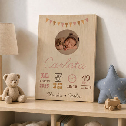 Natalicio de Madera Personalizado con Foto y Datos del Bebé