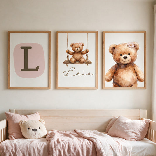 Tríptico de Láminas Infantiles Personalizadas Osa Columpio