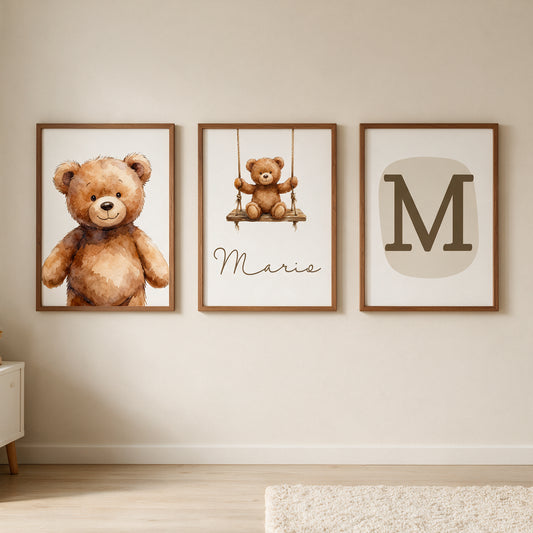 Tríptico de Láminas Infantiles Personalizadas Oso Columpio