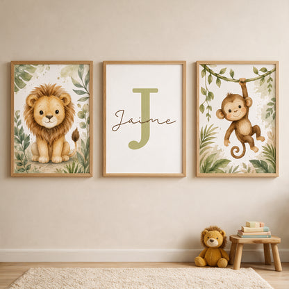 Tríptico de Láminas Infantiles Personalizadas Selva
