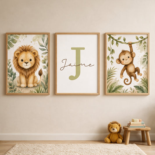 Tríptico de Láminas Infantiles Personalizadas Selva