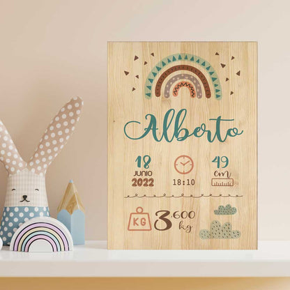Natalicio de madera personalizado diseño Arcoiris 2 - regalo de nacimiento para bebé - vista principal